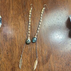 Elegant Gold and Green Feather Drop Earrings